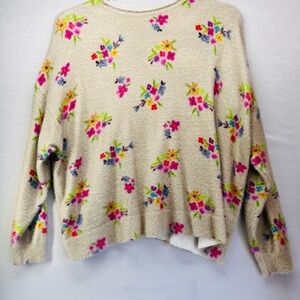 NATURAL LIFE Cream Floral Crewneck Sweater with Pink, Yellow & Blue Accents